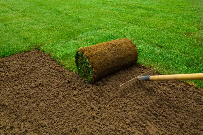 Rolls of artificial grass being installed over a prepared base