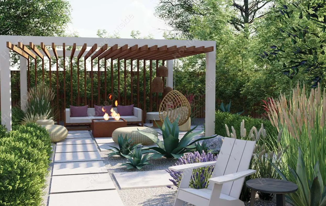 Timber pergola with shaded seating and a fire feature in a villa backyard