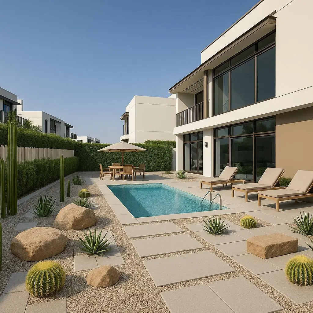 Clean villa swimming pool with sun loungers and a dining area