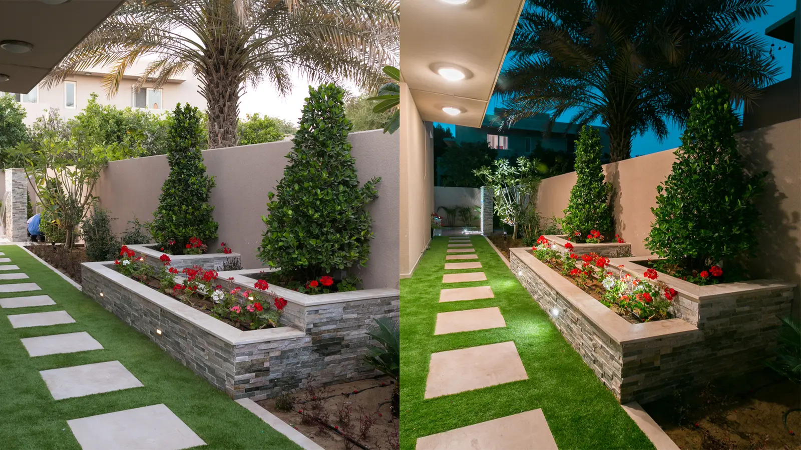 Designed villa garden with raised stone planters, a lawn and stepping stones